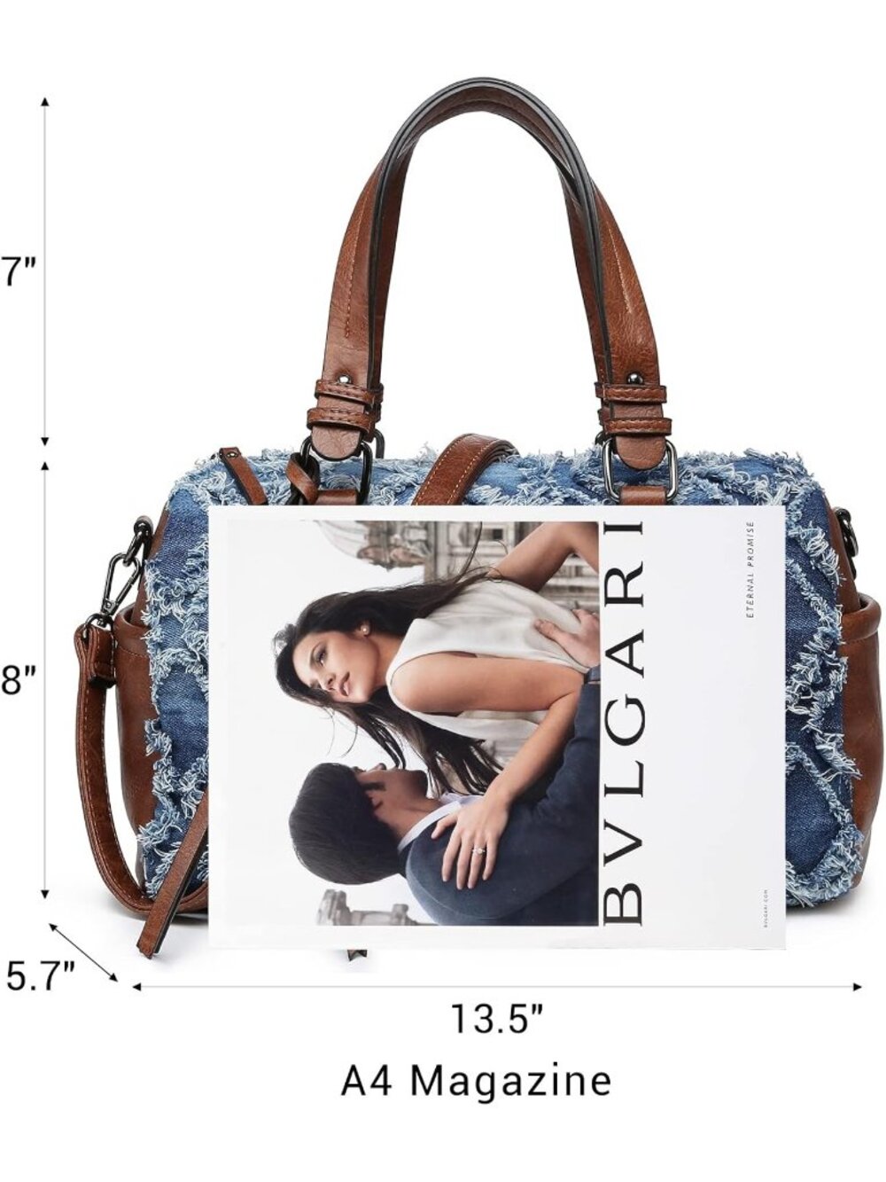 Women's Denim Blue Leather Zipper Top Handle Totes Satchel Hobo Handbags - Picture 4 of 6